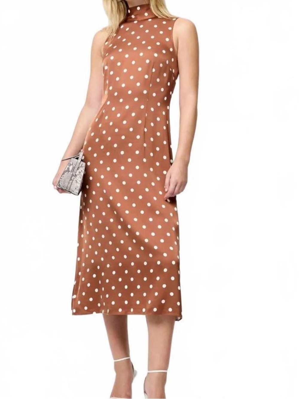 French Connection Ennis Polka Dot Midi Dress Brown Cream Size 8 NWT